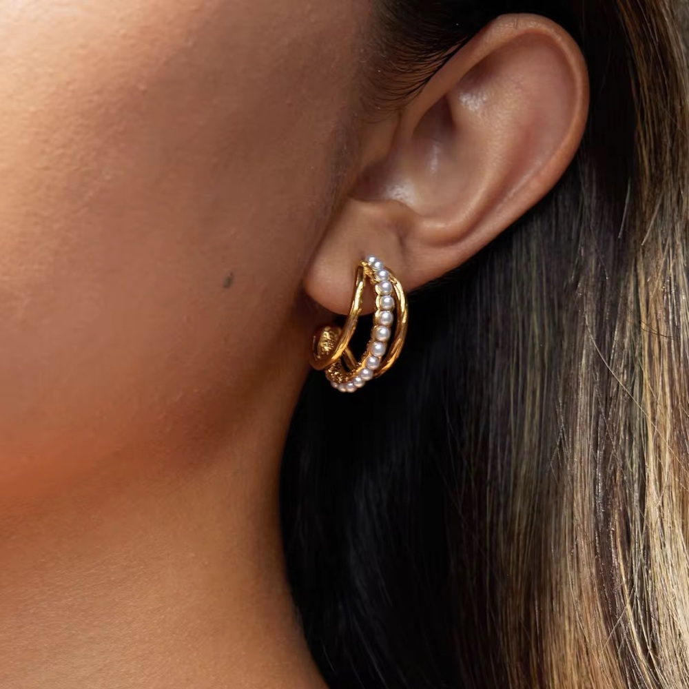 18K Gold Plated Pearl Hoop Earrings - Picture 1 of 8